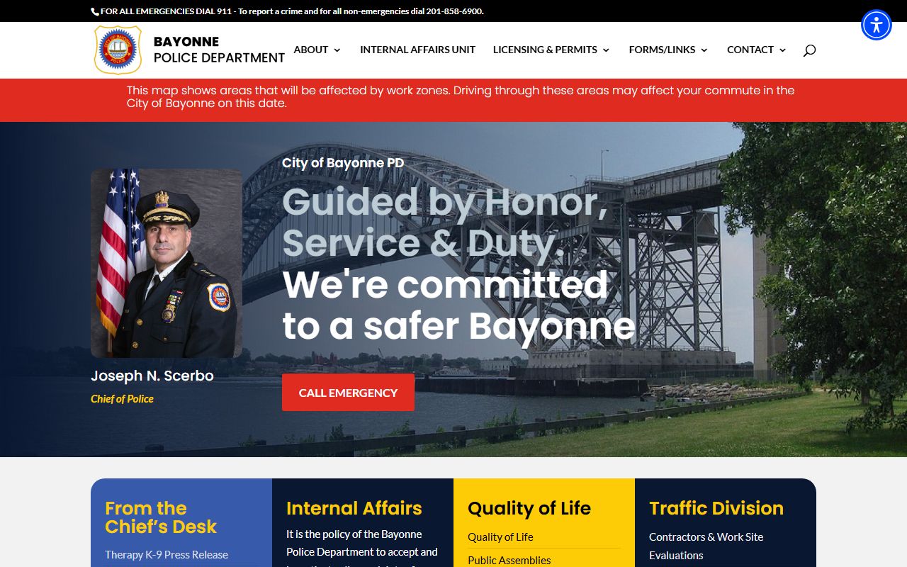 Bayonne Police Department website showing department information for Bayonne recent bookings