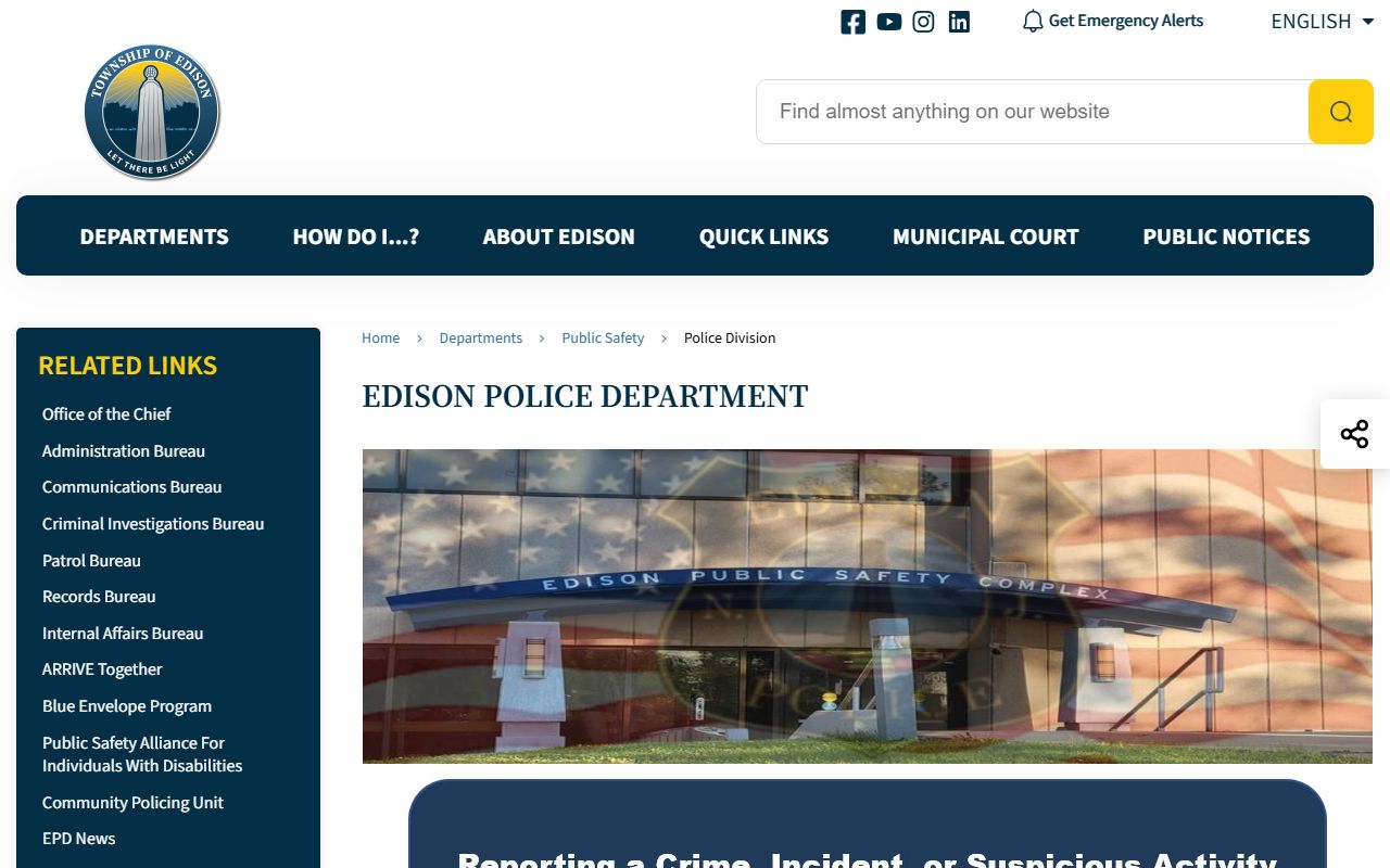 Edison Township Police Department website showing department information for Edison recent bookings