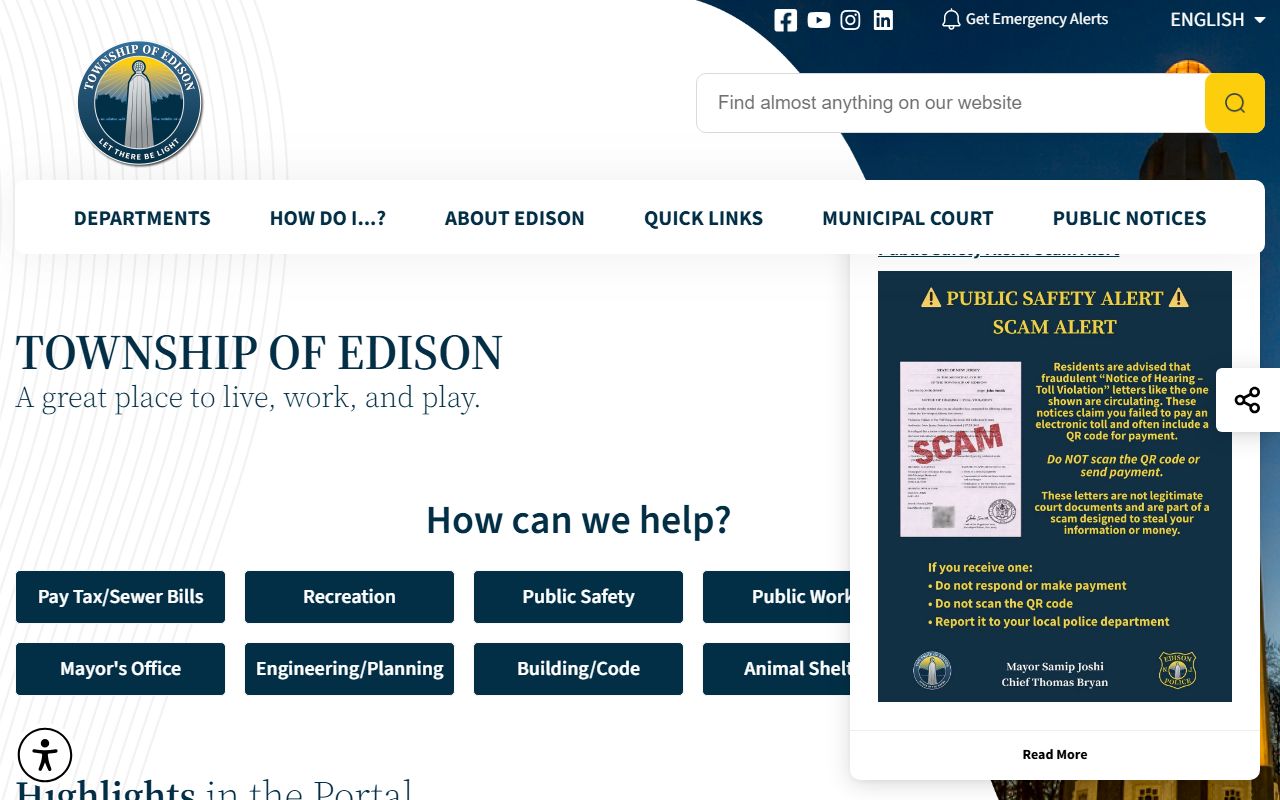 Edison Township official website showing municipal services related to Edison recent bookings