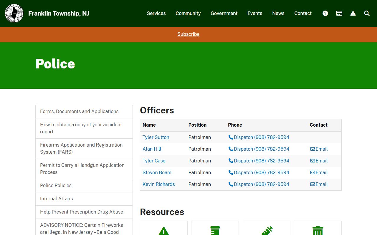 Franklin Township Police Department website showing department information for Franklin Township recent bookings