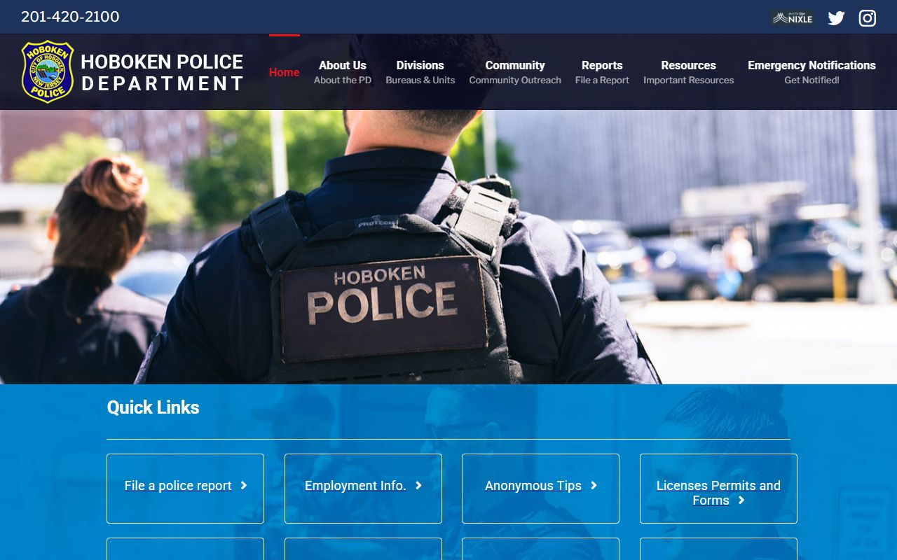 Hoboken Police Department website showing department information for Hoboken recent bookings