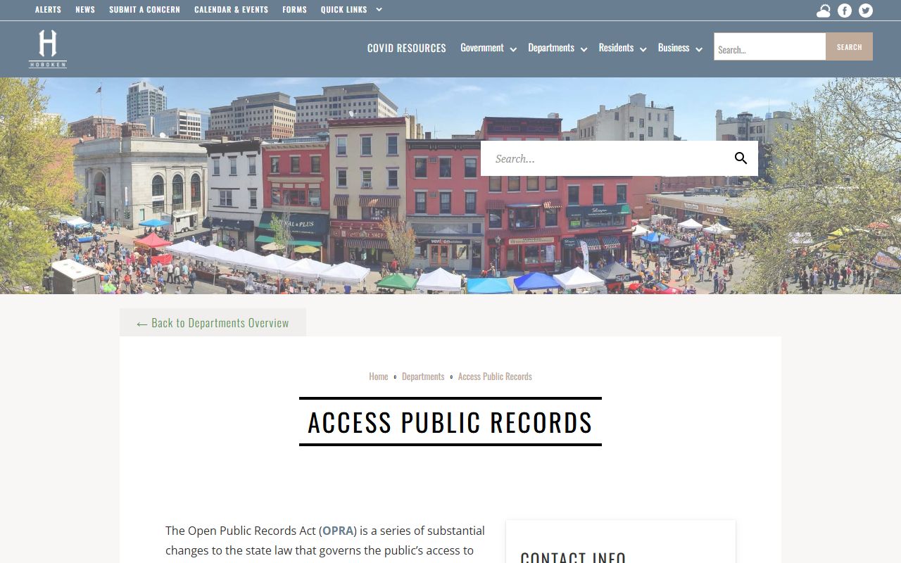 Hoboken public records access page showing OPRA request information for Hoboken recent bookings