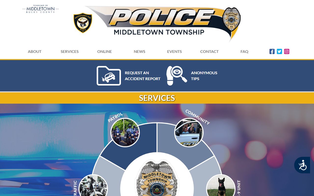 Middletown Township Police Department website showing department information for Middletown recent bookings