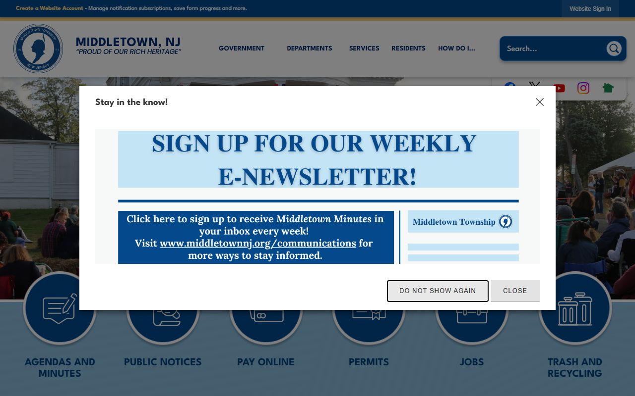 Middletown Township official website showing municipal services related to Middletown recent bookings