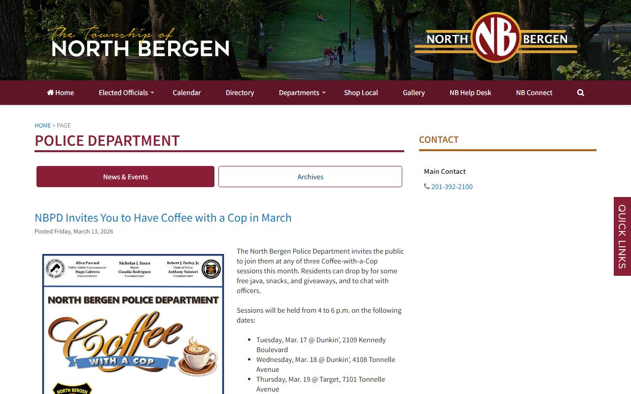 North Bergen Township Police Department page showing department information for North Bergen recent bookings