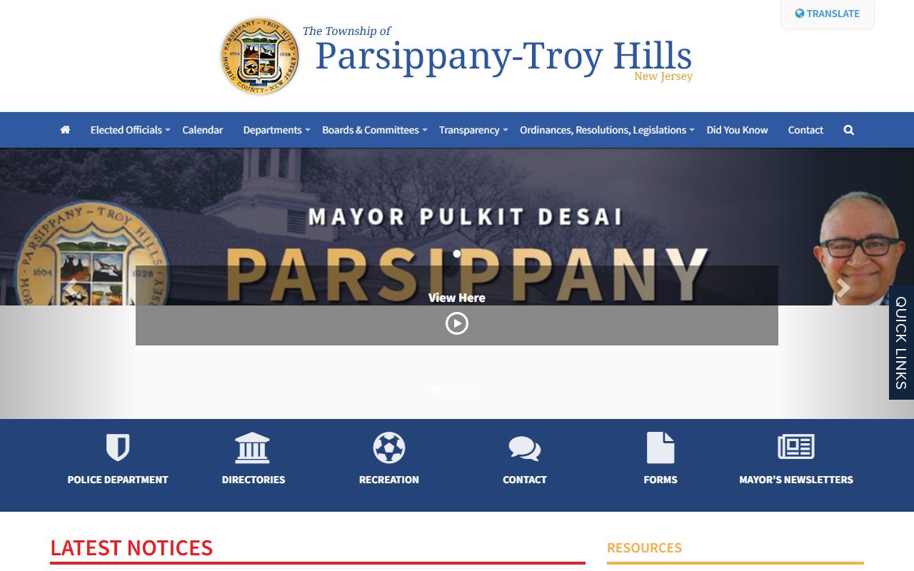 Parsippany Township official website showing municipal services related to Parsippany recent bookings