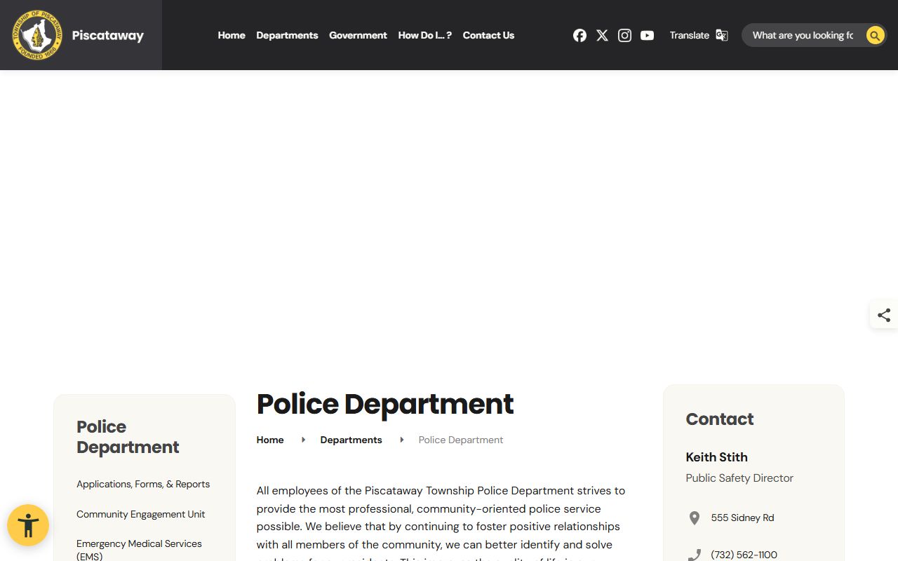 Piscataway Township Police Department website showing department information for Piscataway recent bookings