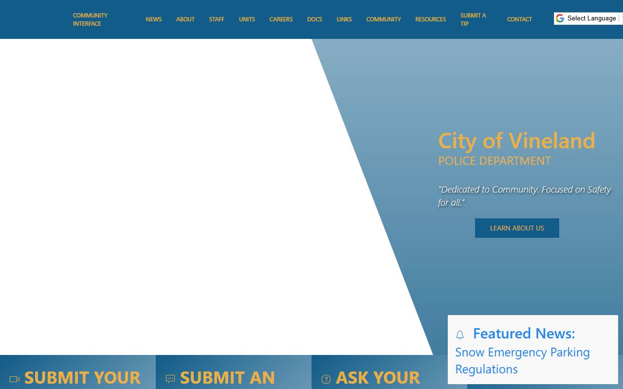 Vineland Police Department website showing department information for Vineland recent bookings