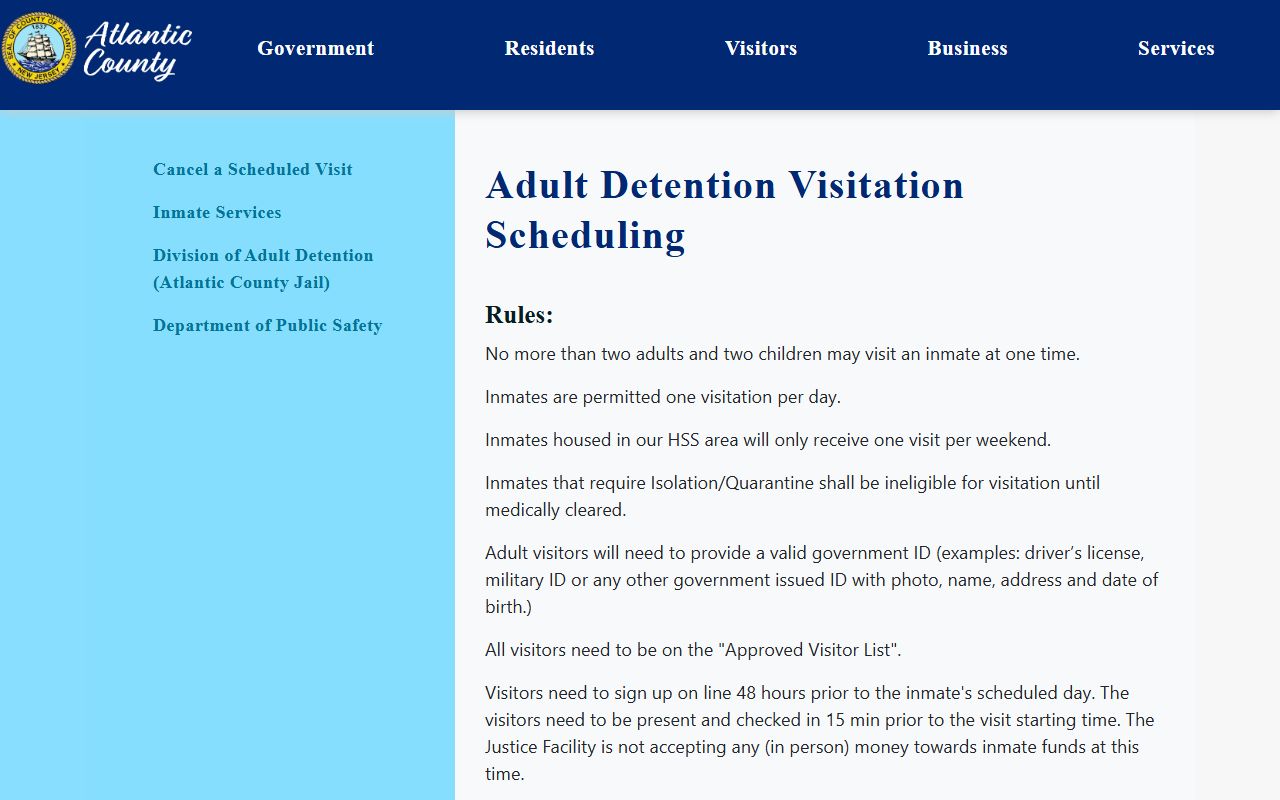 Atlantic County Adult Detention visitation page for recent bookings