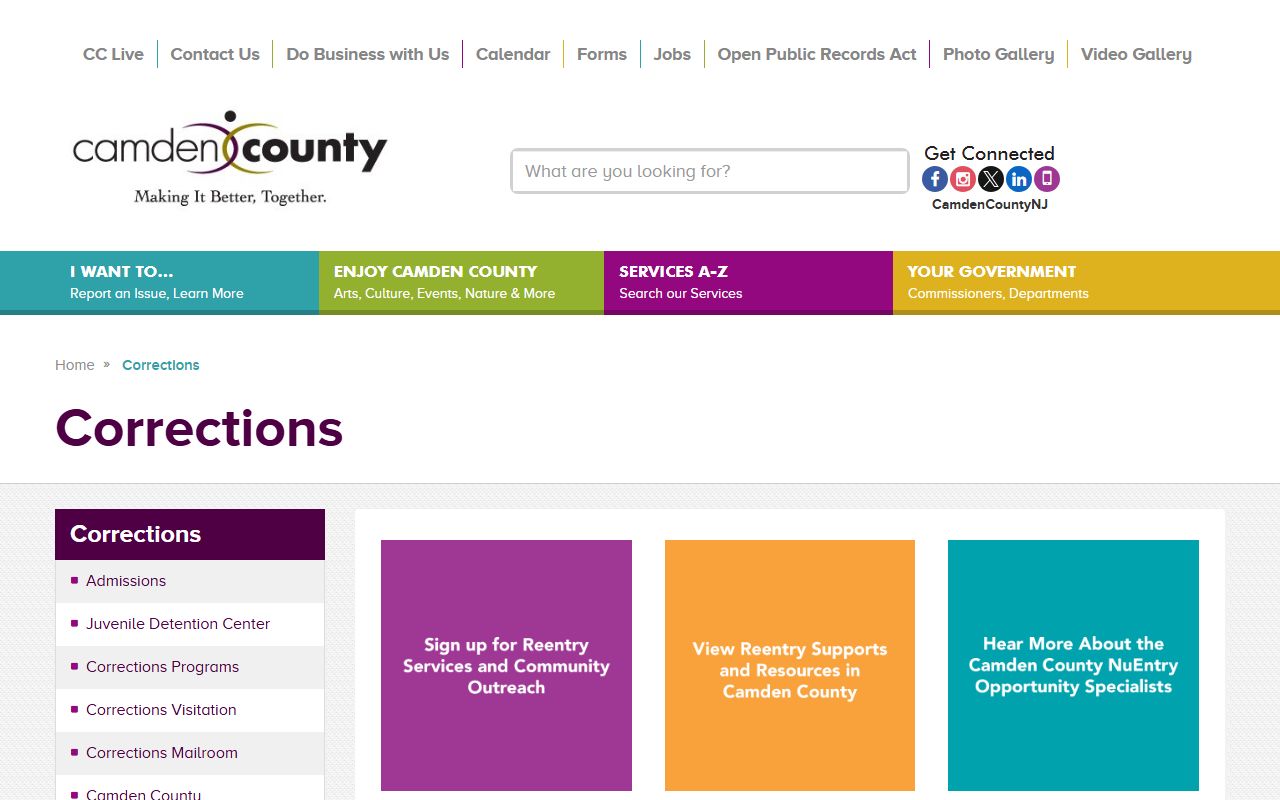 Camden County Department of Corrections website showing facility information and recent bookings