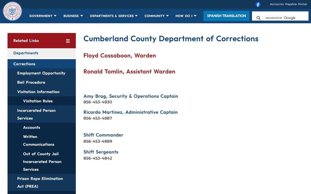 Cumberland County Department of Corrections page for recent bookings
