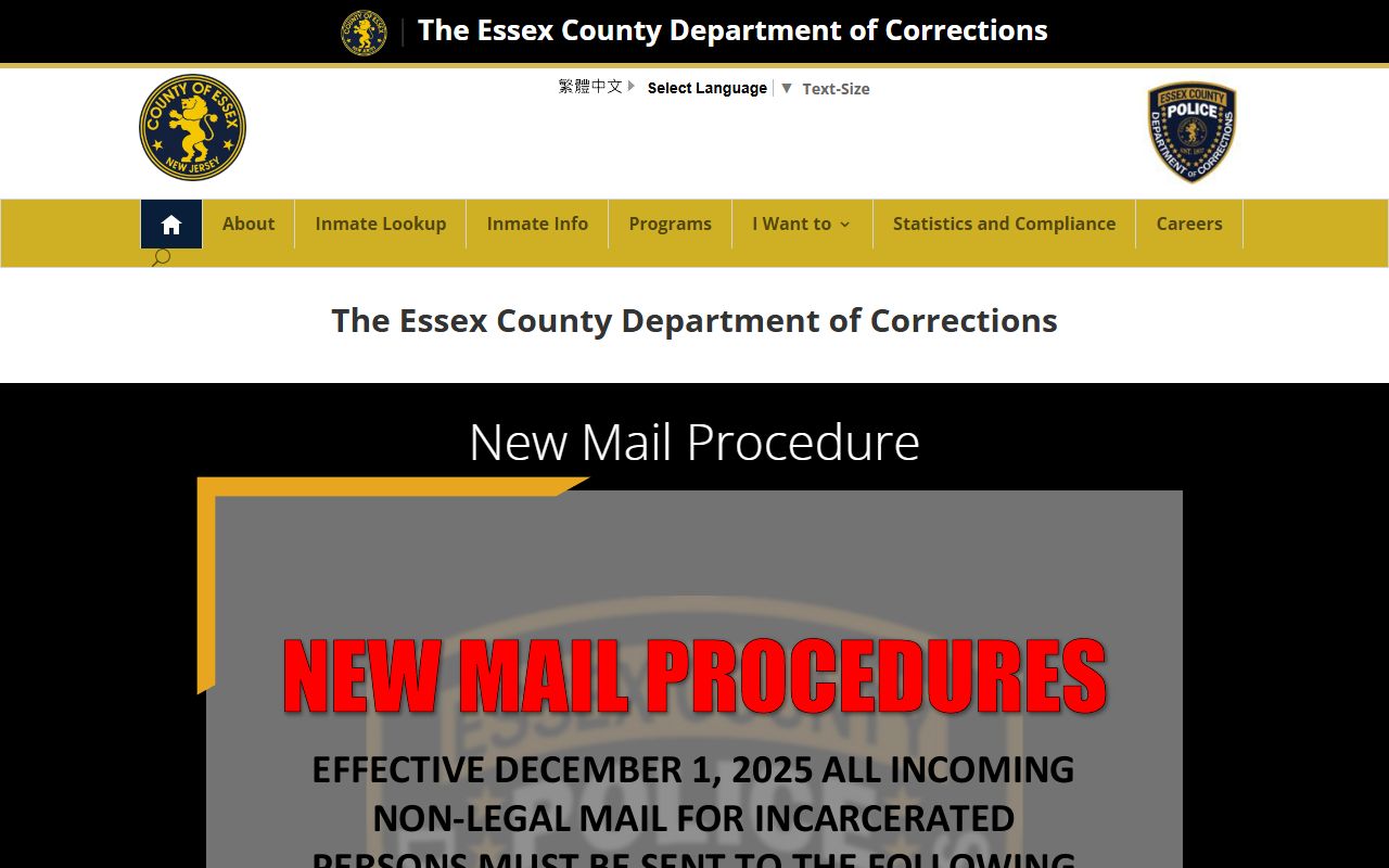 Essex County DOC website showing facility information for Newark recent bookings