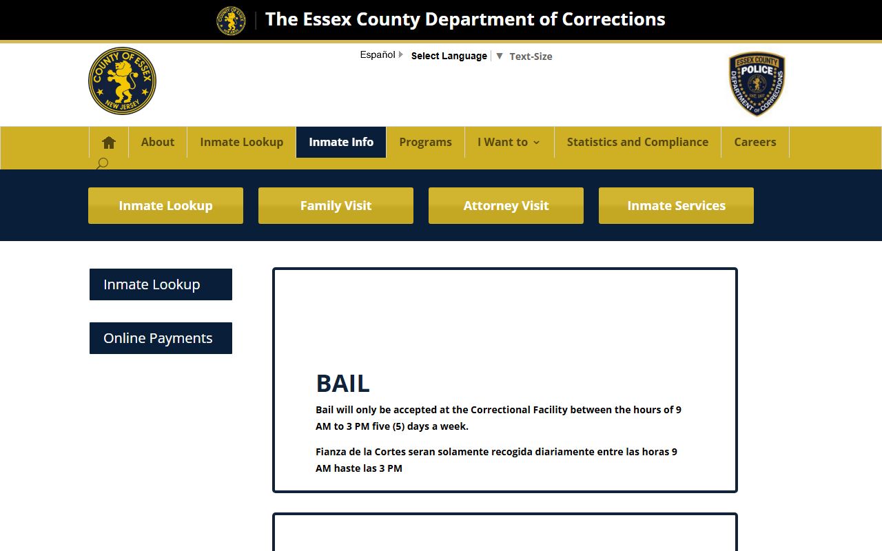 Essex County Inmate Info page for recent bookings and jail services