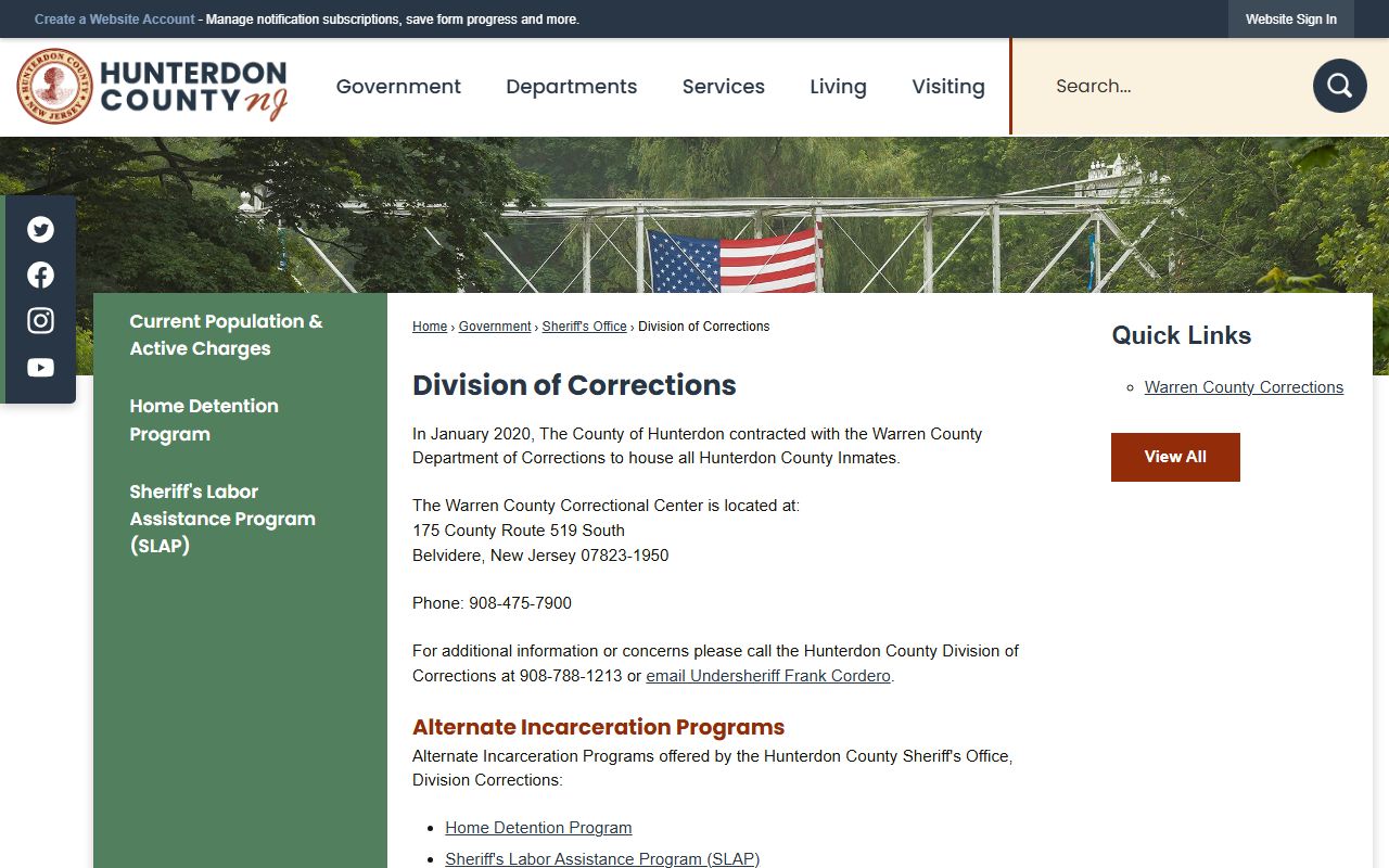 Hunterdon County Division of Corrections page for recent bookings lookup