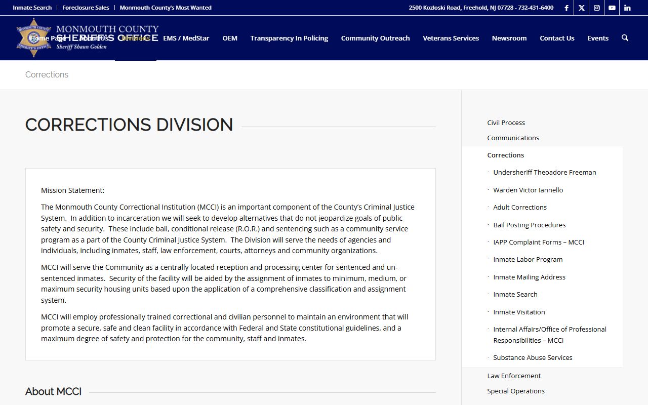 Monmouth County Corrections website showing facility information and recent bookings