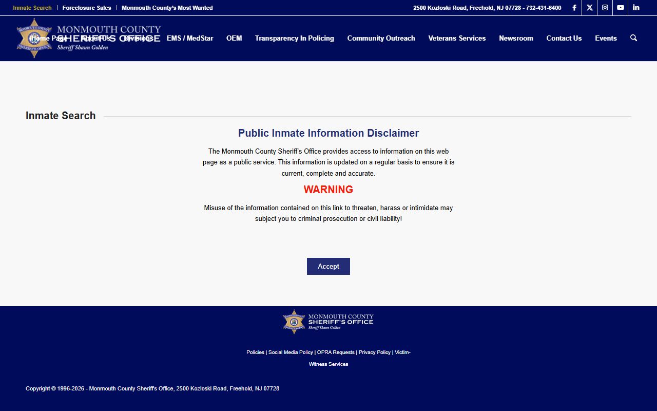 Monmouth County Inmate Search tool for looking up recent bookings and current inmates