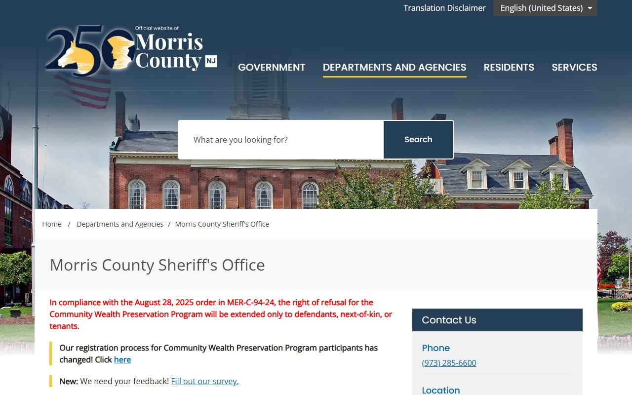 Morris County Sheriff's Office website for recent bookings and records