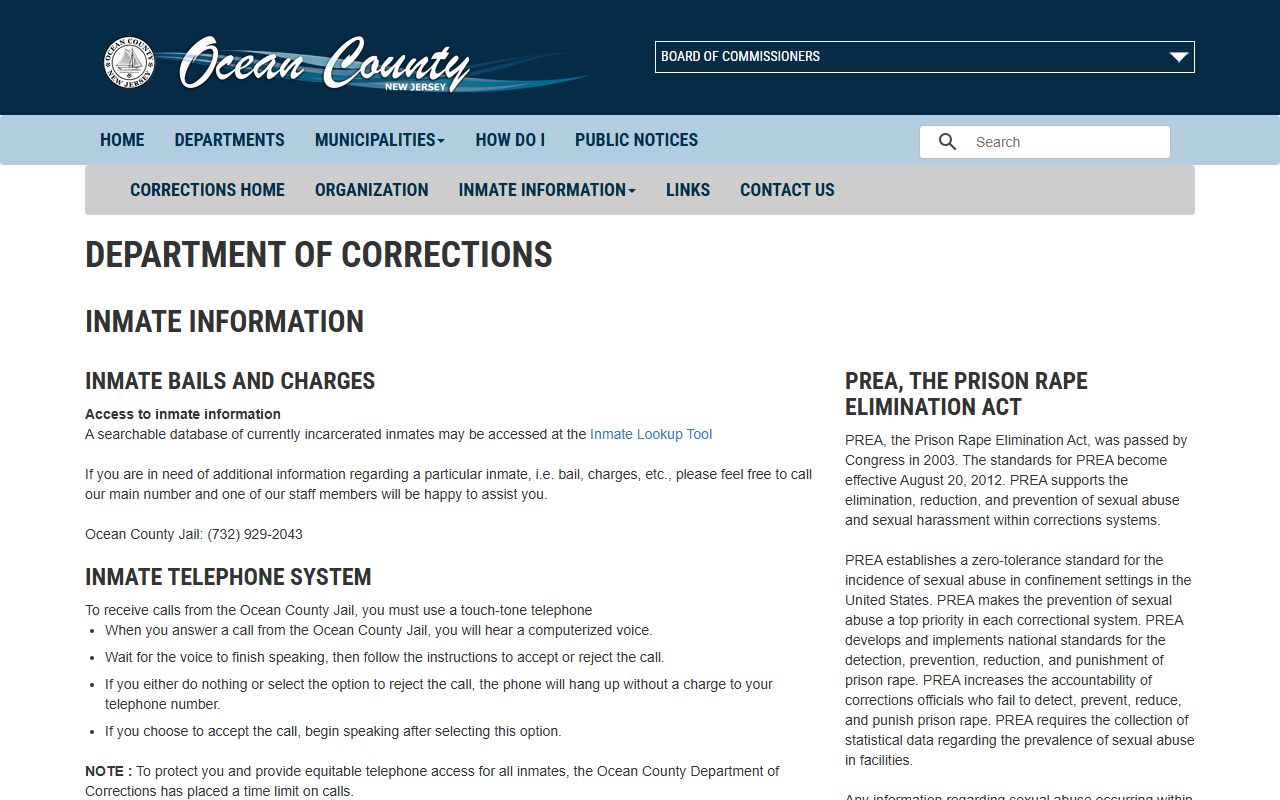 Ocean County Inmate Information search page for recent bookings