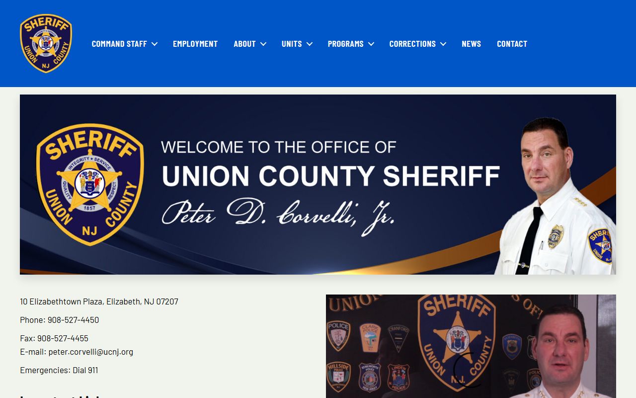 Union County Sheriff website for recent bookings and inmate lookup in Elizabeth NJ
