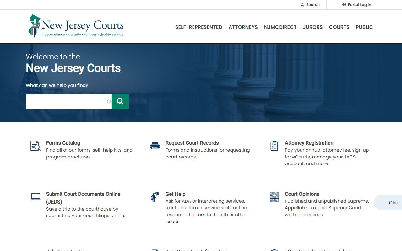 New Jersey Courts homepage with access to criminal case records and booking information
