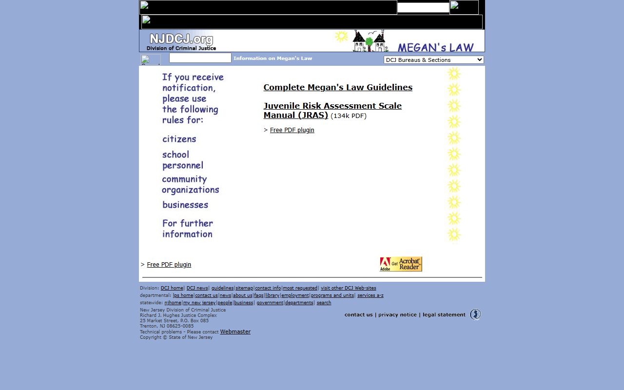 New Jersey Division of Criminal Justice Megan's Law page related to booking records
