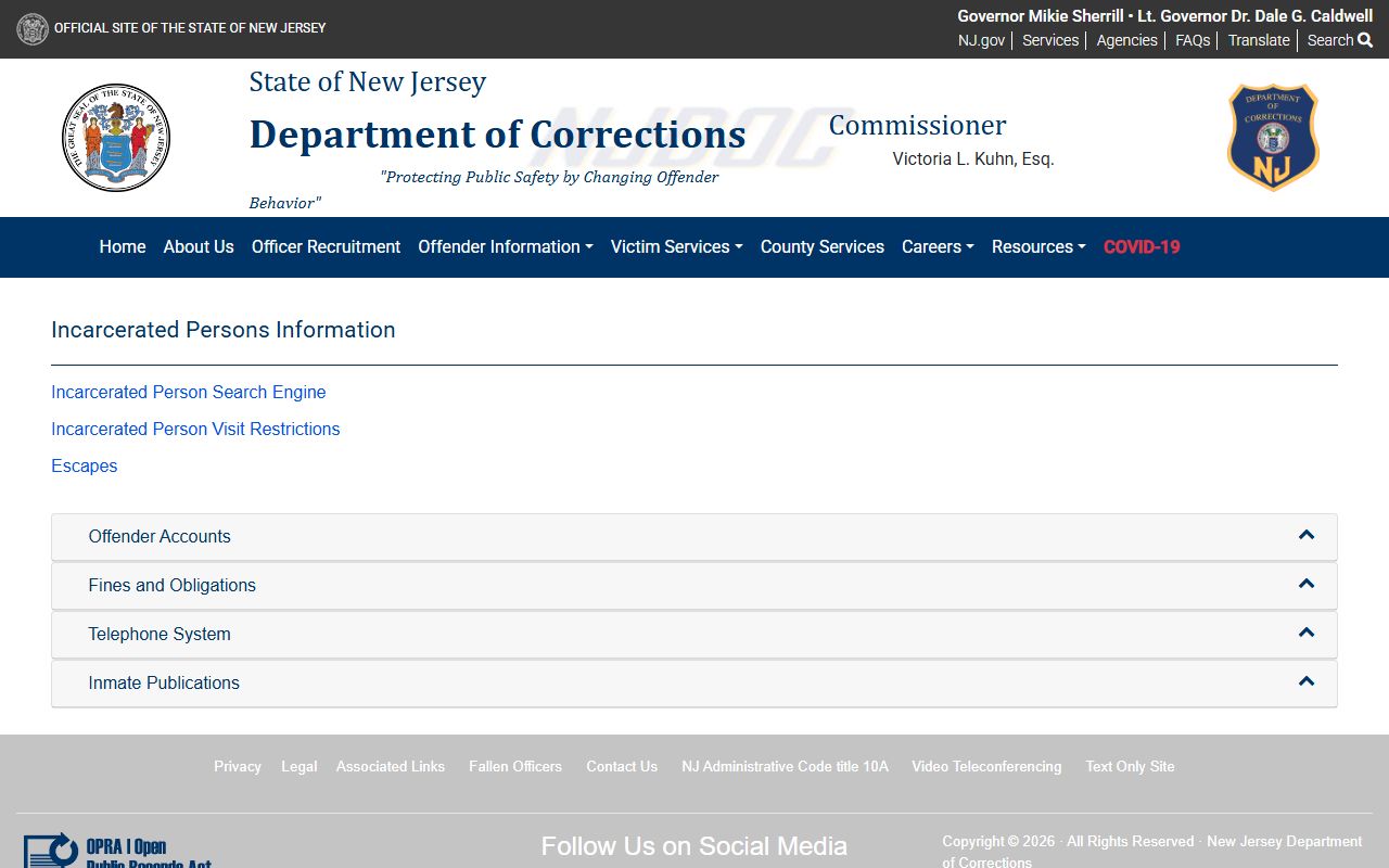 New Jersey DOC offender information page with booking and inmate lookup tools