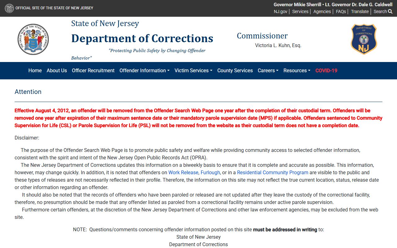 New Jersey Department of Corrections offender search page for finding recent bookings