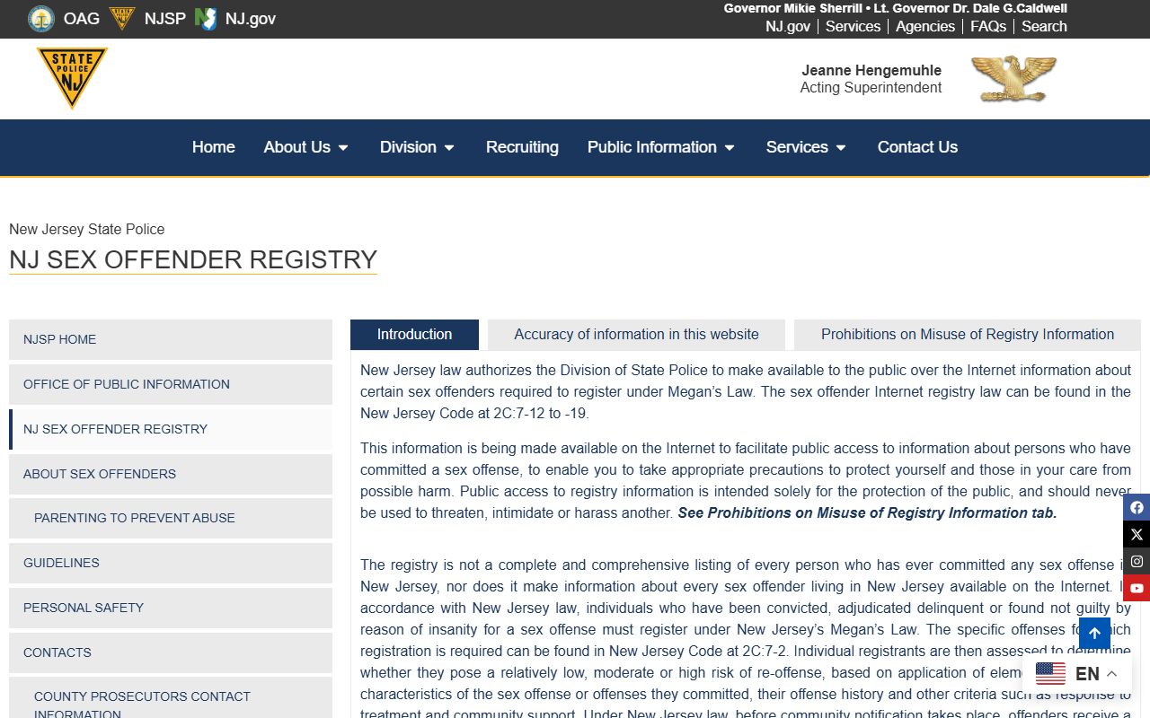New Jersey sex offender registry search page linked to booking records