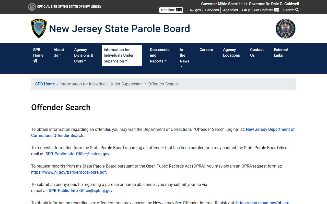 New Jersey State Parole Board offender search page for recent bookings and parole records