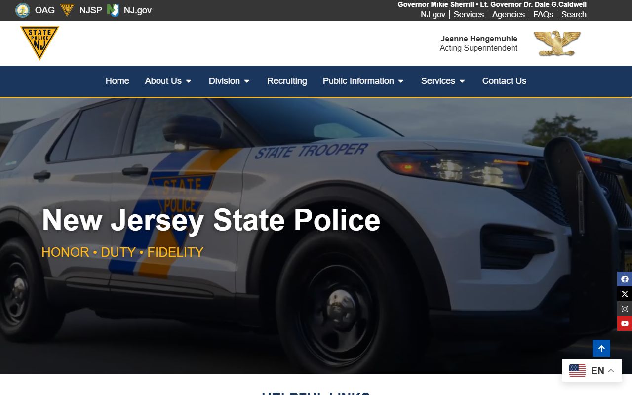 New Jersey State Police homepage with links to criminal records and booking data